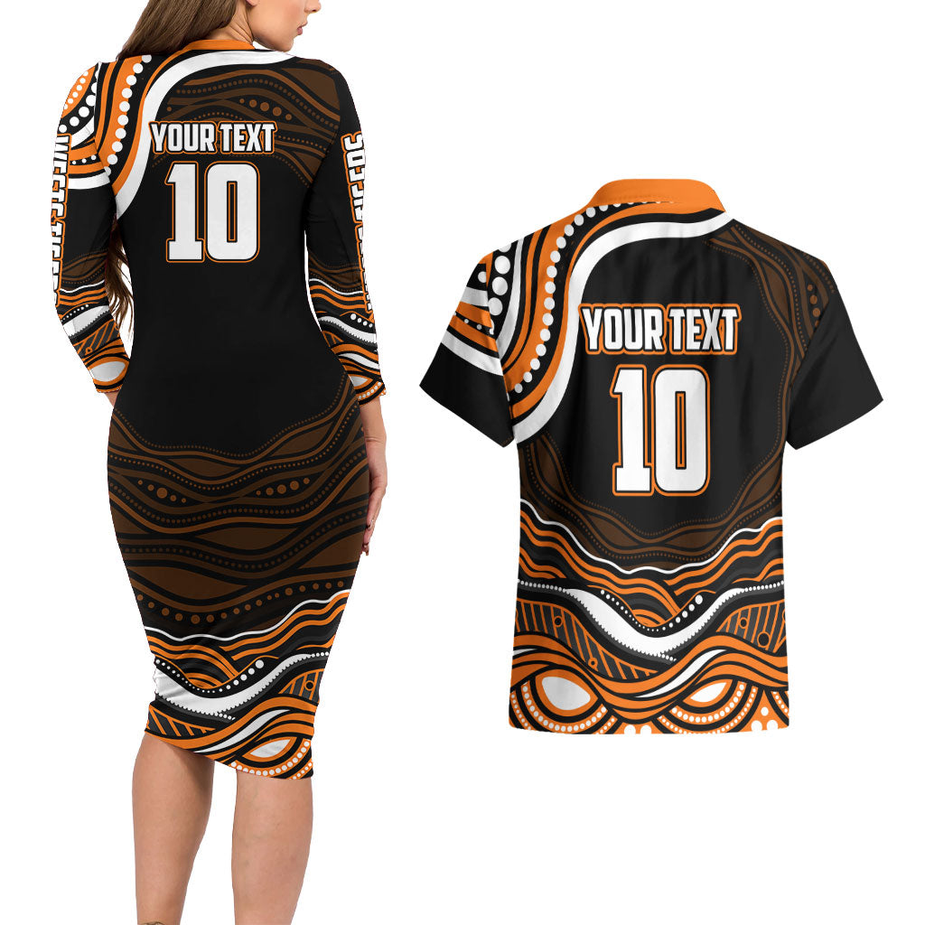 Personalized Wests Tigers Rugby Couples Matching Long Sleeve Bodycon Dress and Hawaiian Shirt Aboriginal Dot Art - Dreamtime Rugby Mascot