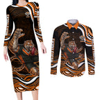 Personalized Wests Tigers Rugby Couples Matching Long Sleeve Bodycon Dress and Long Sleeve Button Shirt Aboriginal Dot Art - Dreamtime Rugby Mascot