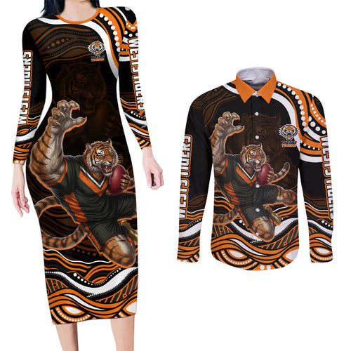 Personalized Wests Tigers Rugby Couples Matching Long Sleeve Bodycon Dress and Long Sleeve Button Shirt Aboriginal Dot Art - Dreamtime Rugby Mascot