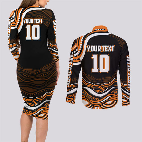 Personalized Wests Tigers Rugby Couples Matching Long Sleeve Bodycon Dress and Long Sleeve Button Shirt Aboriginal Dot Art - Dreamtime Rugby Mascot