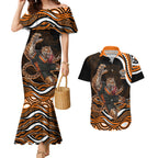 Personalized Wests Tigers Rugby Couples Matching Mermaid Dress and Hawaiian Shirt Aboriginal Dot Art - Dreamtime Rugby Mascot