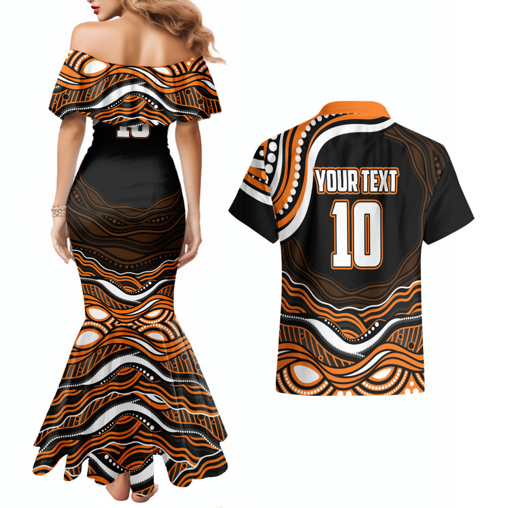 Personalized Wests Tigers Rugby Couples Matching Mermaid Dress and Hawaiian Shirt Aboriginal Dot Art - Dreamtime Rugby Mascot