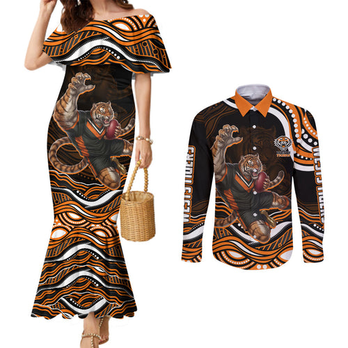 Personalized Wests Tigers Rugby Couples Matching Mermaid Dress and Long Sleeve Button Shirt Aboriginal Dot Art - Dreamtime Rugby Mascot