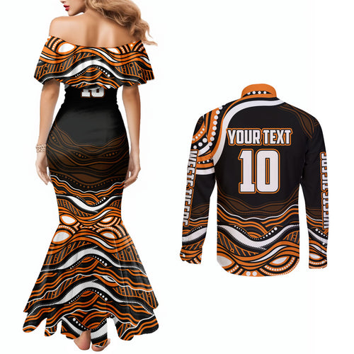 Personalized Wests Tigers Rugby Couples Matching Mermaid Dress and Long Sleeve Button Shirt Aboriginal Dot Art - Dreamtime Rugby Mascot