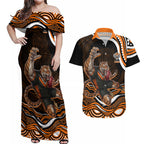 Personalized Wests Tigers Rugby Couples Matching Off Shoulder Maxi Dress and Hawaiian Shirt Aboriginal Dot Art - Dreamtime Rugby Mascot