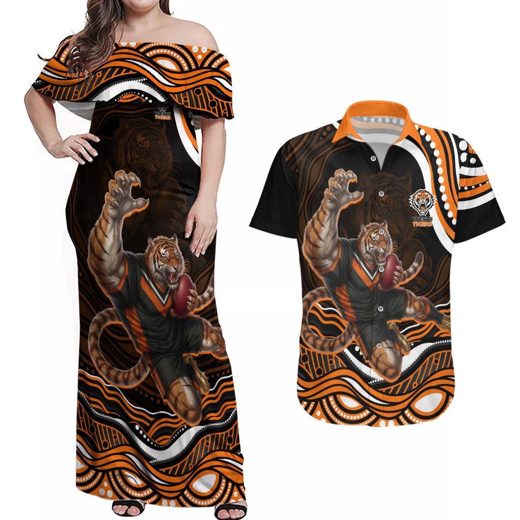 Personalized Wests Tigers Rugby Couples Matching Off Shoulder Maxi Dress and Hawaiian Shirt Aboriginal Dot Art - Dreamtime Rugby Mascot