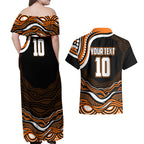 Personalized Wests Tigers Rugby Couples Matching Off Shoulder Maxi Dress and Hawaiian Shirt Aboriginal Dot Art - Dreamtime Rugby Mascot