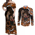 Personalized Wests Tigers Rugby Couples Matching Off Shoulder Maxi Dress and Long Sleeve Button Shirt Aboriginal Dot Art - Dreamtime Rugby Mascot
