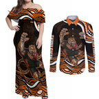 Personalized Wests Tigers Rugby Couples Matching Off Shoulder Maxi Dress and Long Sleeve Button Shirt Aboriginal Dot Art - Dreamtime Rugby Mascot