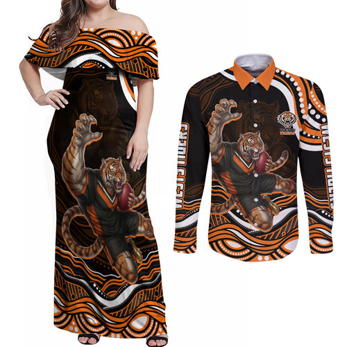 Personalized Wests Tigers Rugby Couples Matching Off Shoulder Maxi Dress and Long Sleeve Button Shirt Aboriginal Dot Art - Dreamtime Rugby Mascot