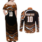 Personalized Wests Tigers Rugby Couples Matching Off Shoulder Maxi Dress and Long Sleeve Button Shirt Aboriginal Dot Art - Dreamtime Rugby Mascot