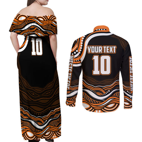 Personalized Wests Tigers Rugby Couples Matching Off Shoulder Maxi Dress and Long Sleeve Button Shirt Aboriginal Dot Art - Dreamtime Rugby Mascot