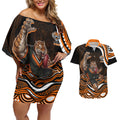 Personalized Wests Tigers Rugby Couples Matching Off Shoulder Short Dress and Hawaiian Shirt Aboriginal Dot Art - Dreamtime Rugby Mascot