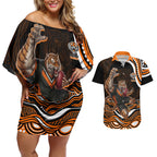 Personalized Wests Tigers Rugby Couples Matching Off Shoulder Short Dress and Hawaiian Shirt Aboriginal Dot Art - Dreamtime Rugby Mascot