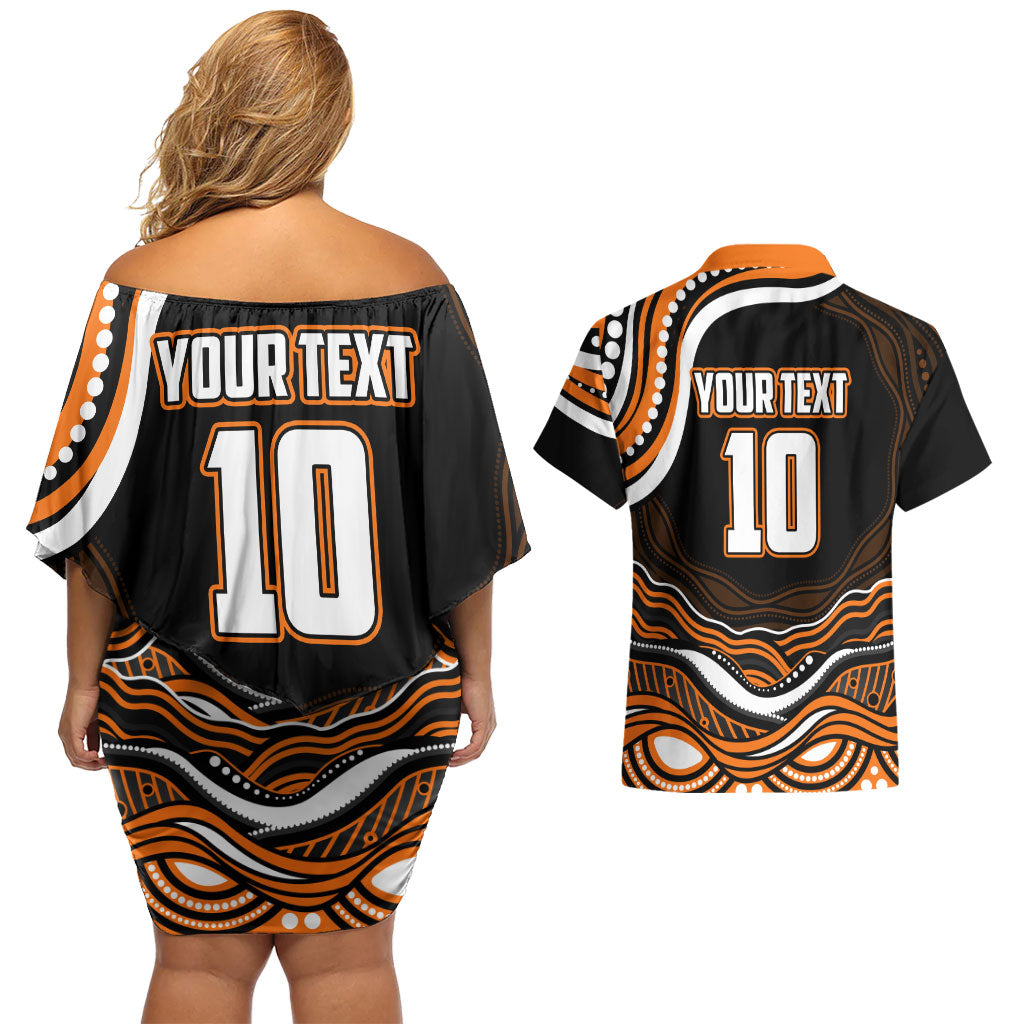 Personalized Wests Tigers Rugby Couples Matching Off Shoulder Short Dress and Hawaiian Shirt Aboriginal Dot Art - Dreamtime Rugby Mascot