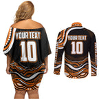 Personalized Wests Tigers Rugby Couples Matching Off Shoulder Short Dress and Long Sleeve Button Shirt Aboriginal Dot Art - Dreamtime Rugby Mascot