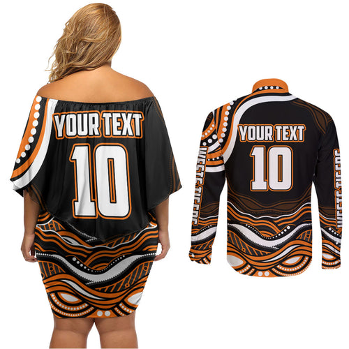 Personalized Wests Tigers Rugby Couples Matching Off Shoulder Short Dress and Long Sleeve Button Shirt Aboriginal Dot Art - Dreamtime Rugby Mascot