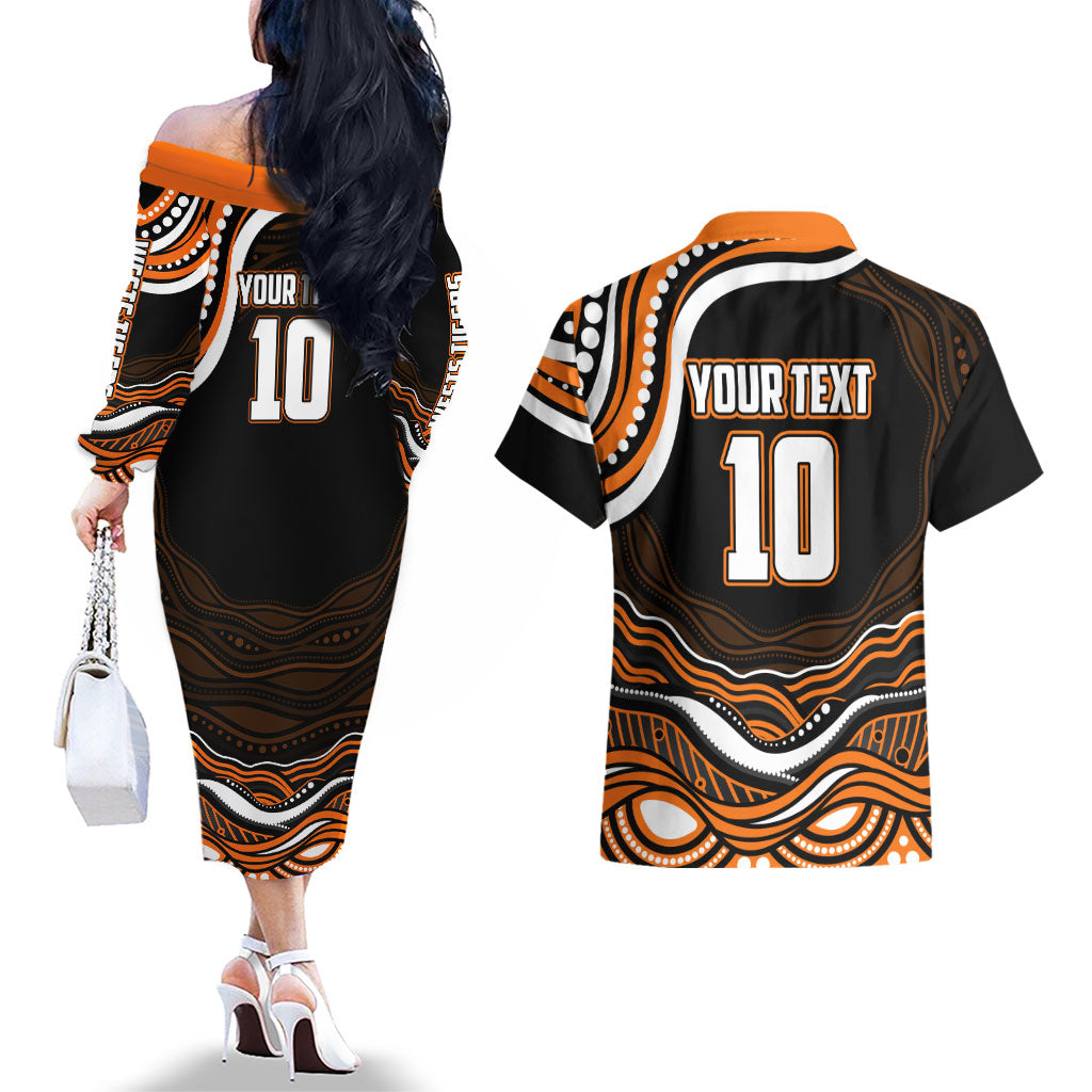 Personalized Wests Tigers Rugby Couples Matching Off The Shoulder Long Sleeve Dress and Hawaiian Shirt Aboriginal Dot Art - Dreamtime Rugby Mascot