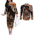 Personalized Wests Tigers Rugby Couples Matching Off The Shoulder Long Sleeve Dress and Long Sleeve Button Shirt Aboriginal Dot Art - Dreamtime Rugby Mascot