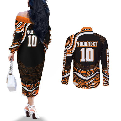 Personalized Wests Tigers Rugby Couples Matching Off The Shoulder Long Sleeve Dress and Long Sleeve Button Shirt Aboriginal Dot Art - Dreamtime Rugby Mascot