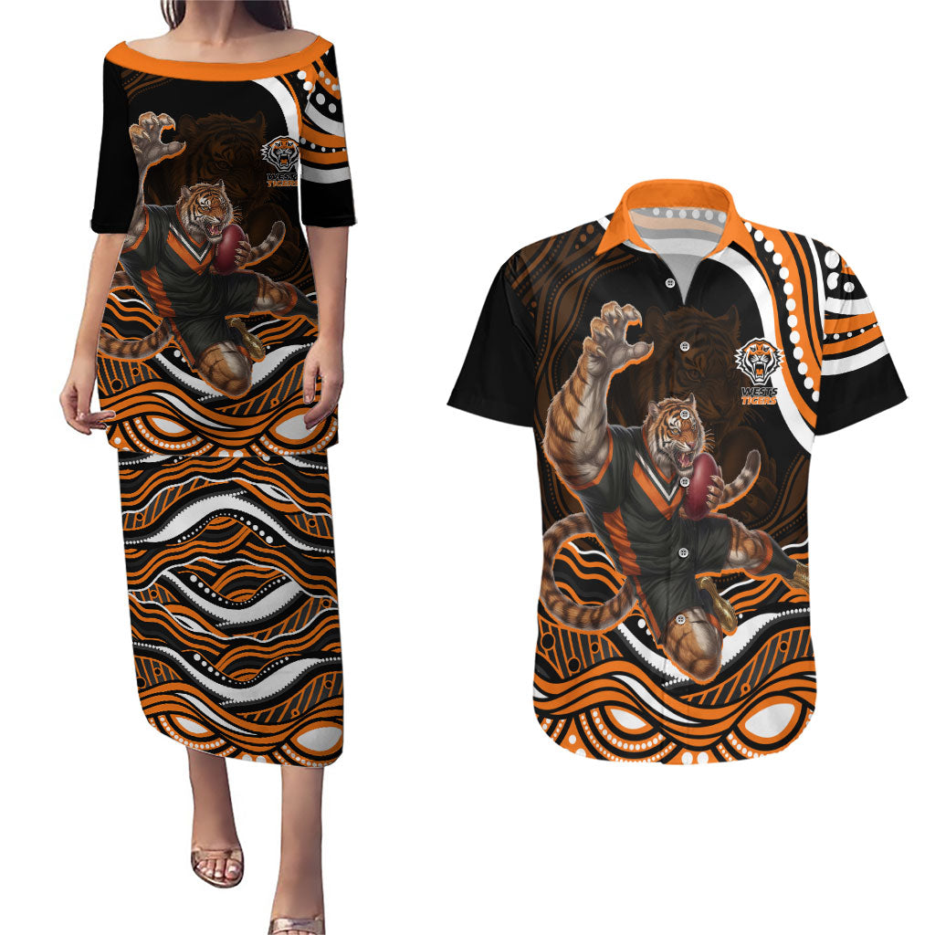 Personalized Wests Tigers Rugby Couples Matching Puletasi and Hawaiian Shirt Aboriginal Dot Art - Dreamtime Rugby Mascot