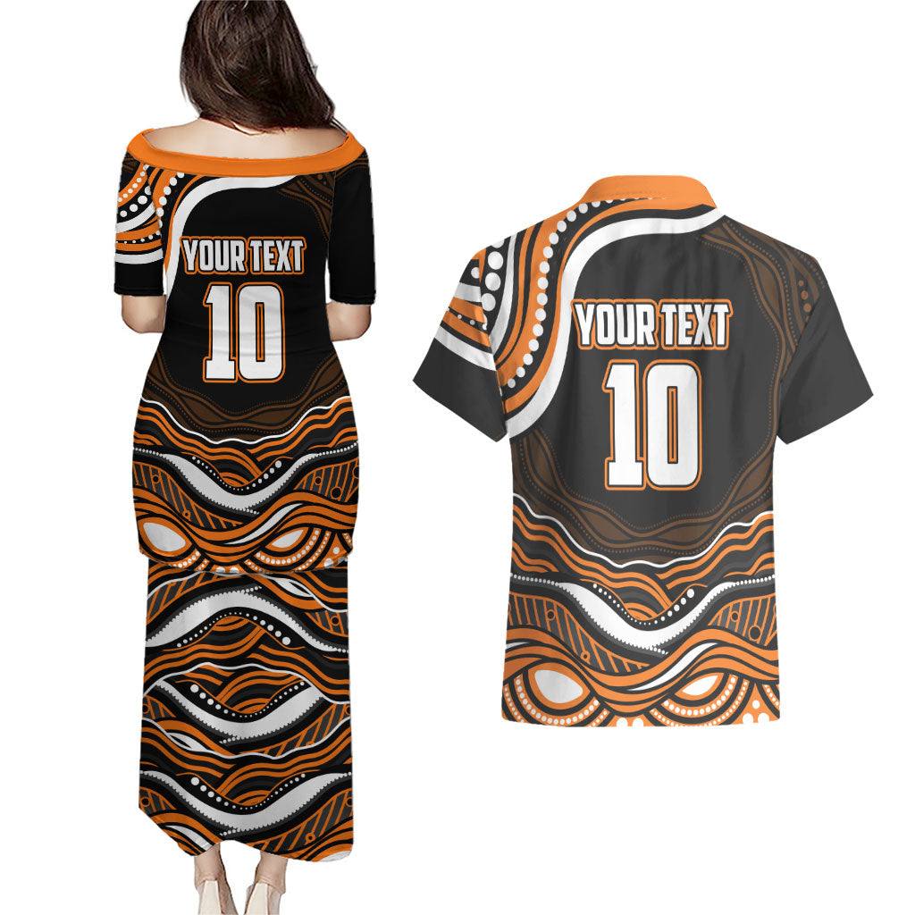 Personalized Wests Tigers Rugby Couples Matching Puletasi and Hawaiian Shirt Aboriginal Dot Art - Dreamtime Rugby Mascot