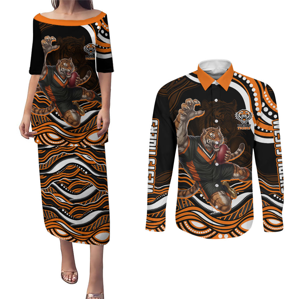 Personalized Wests Tigers Rugby Couples Matching Puletasi and Long Sleeve Button Shirt Aboriginal Dot Art - Dreamtime Rugby Mascot