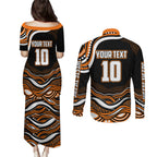 Personalized Wests Tigers Rugby Couples Matching Puletasi and Long Sleeve Button Shirt Aboriginal Dot Art - Dreamtime Rugby Mascot