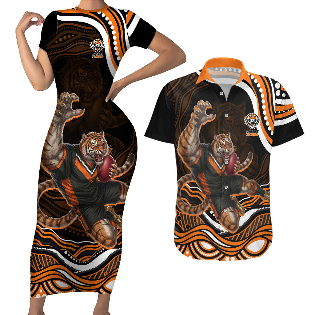 Personalized Wests Tigers Rugby Couples Matching Short Sleeve Bodycon Dress and Hawaiian Shirt Aboriginal Dot Art - Dreamtime Rugby Mascot