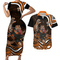 Personalized Wests Tigers Rugby Couples Matching Short Sleeve Bodycon Dress and Hawaiian Shirt Aboriginal Dot Art - Dreamtime Rugby Mascot