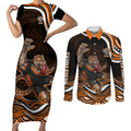 Personalized Wests Tigers Rugby Couples Matching Short Sleeve Bodycon Dress and Long Sleeve Button Shirt Aboriginal Dot Art - Dreamtime Rugby Mascot