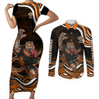 Personalized Wests Tigers Rugby Couples Matching Short Sleeve Bodycon Dress and Long Sleeve Button Shirt Aboriginal Dot Art - Dreamtime Rugby Mascot