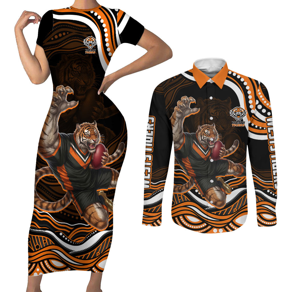 Personalized Wests Tigers Rugby Couples Matching Short Sleeve Bodycon Dress and Long Sleeve Button Shirt Aboriginal Dot Art - Dreamtime Rugby Mascot