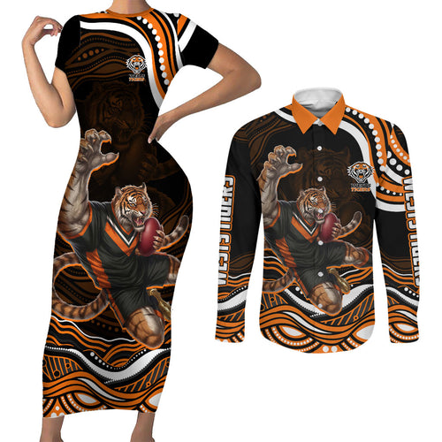 Personalized Wests Tigers Rugby Couples Matching Short Sleeve Bodycon Dress and Long Sleeve Button Shirt Aboriginal Dot Art - Dreamtime Rugby Mascot