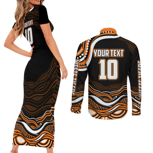 Personalized Wests Tigers Rugby Couples Matching Short Sleeve Bodycon Dress and Long Sleeve Button Shirt Aboriginal Dot Art - Dreamtime Rugby Mascot