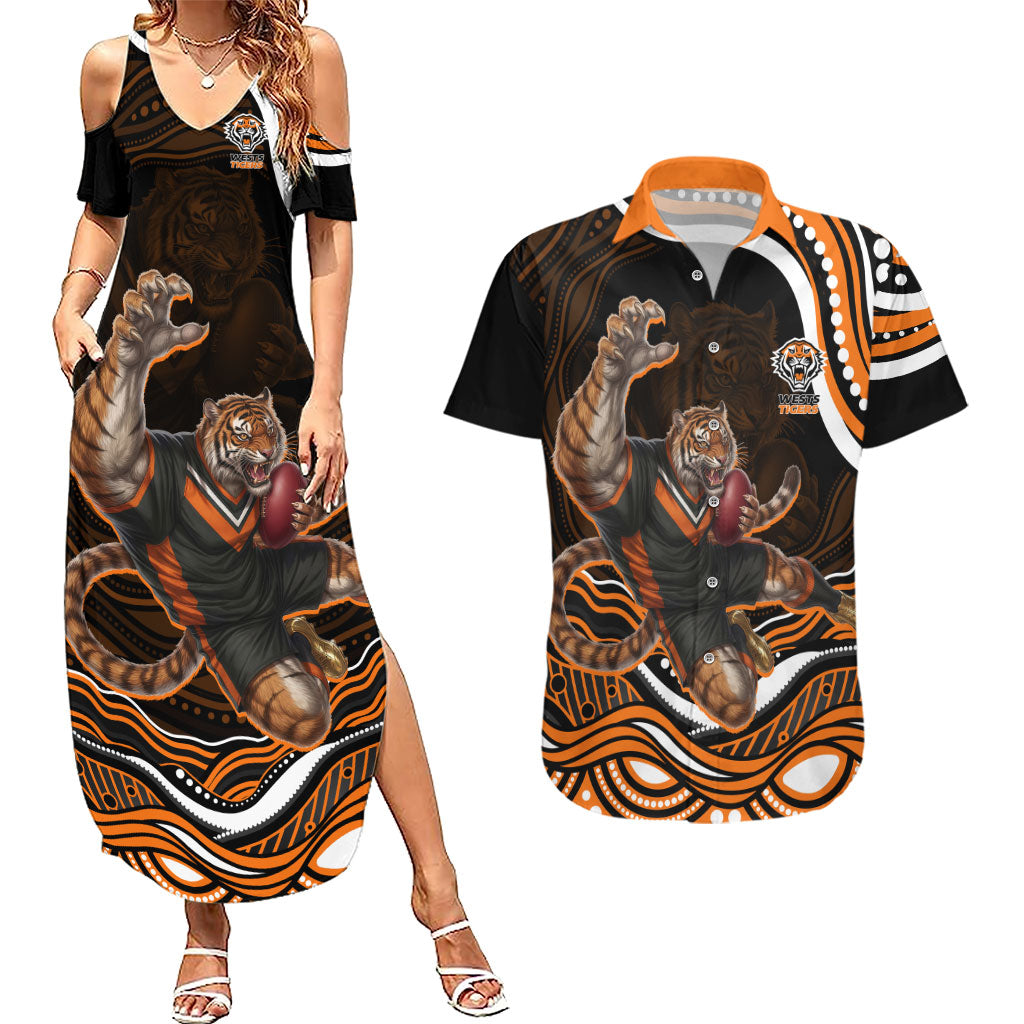 Personalized Wests Tigers Rugby Couples Matching Summer Maxi Dress and Hawaiian Shirt Aboriginal Dot Art - Dreamtime Rugby Mascot