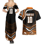Personalized Wests Tigers Rugby Couples Matching Summer Maxi Dress and Hawaiian Shirt Aboriginal Dot Art - Dreamtime Rugby Mascot