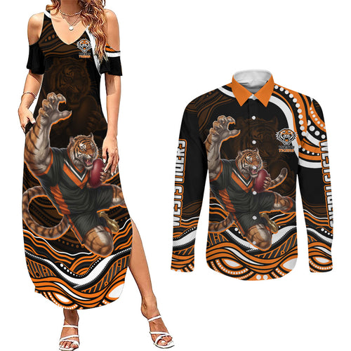 Personalized Wests Tigers Rugby Couples Matching Summer Maxi Dress and Long Sleeve Button Shirt Aboriginal Dot Art - Dreamtime Rugby Mascot