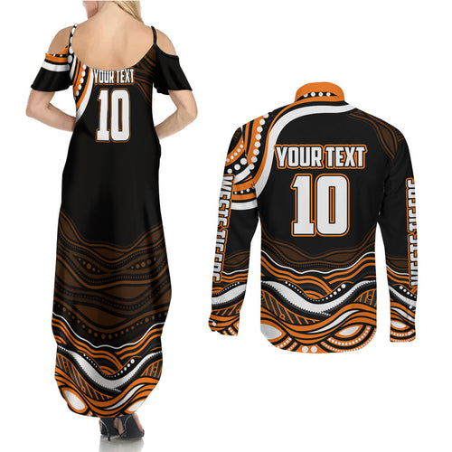 Personalized Wests Tigers Rugby Couples Matching Summer Maxi Dress and Long Sleeve Button Shirt Aboriginal Dot Art - Dreamtime Rugby Mascot