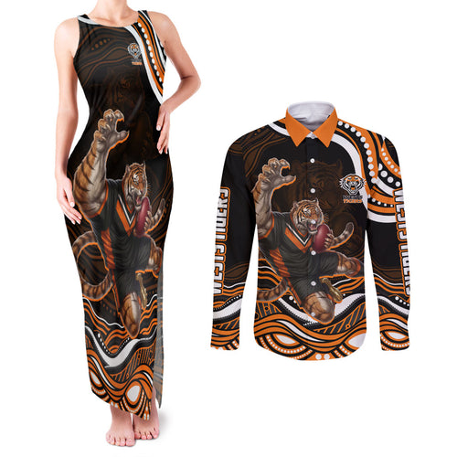 Personalized Wests Tigers Rugby Couples Matching Tank Maxi Dress and Long Sleeve Button Shirt Aboriginal Dot Art - Dreamtime Rugby Mascot