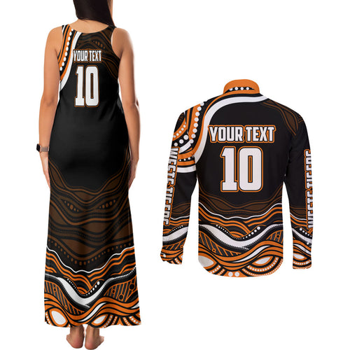 Personalized Wests Tigers Rugby Couples Matching Tank Maxi Dress and Long Sleeve Button Shirt Aboriginal Dot Art - Dreamtime Rugby Mascot