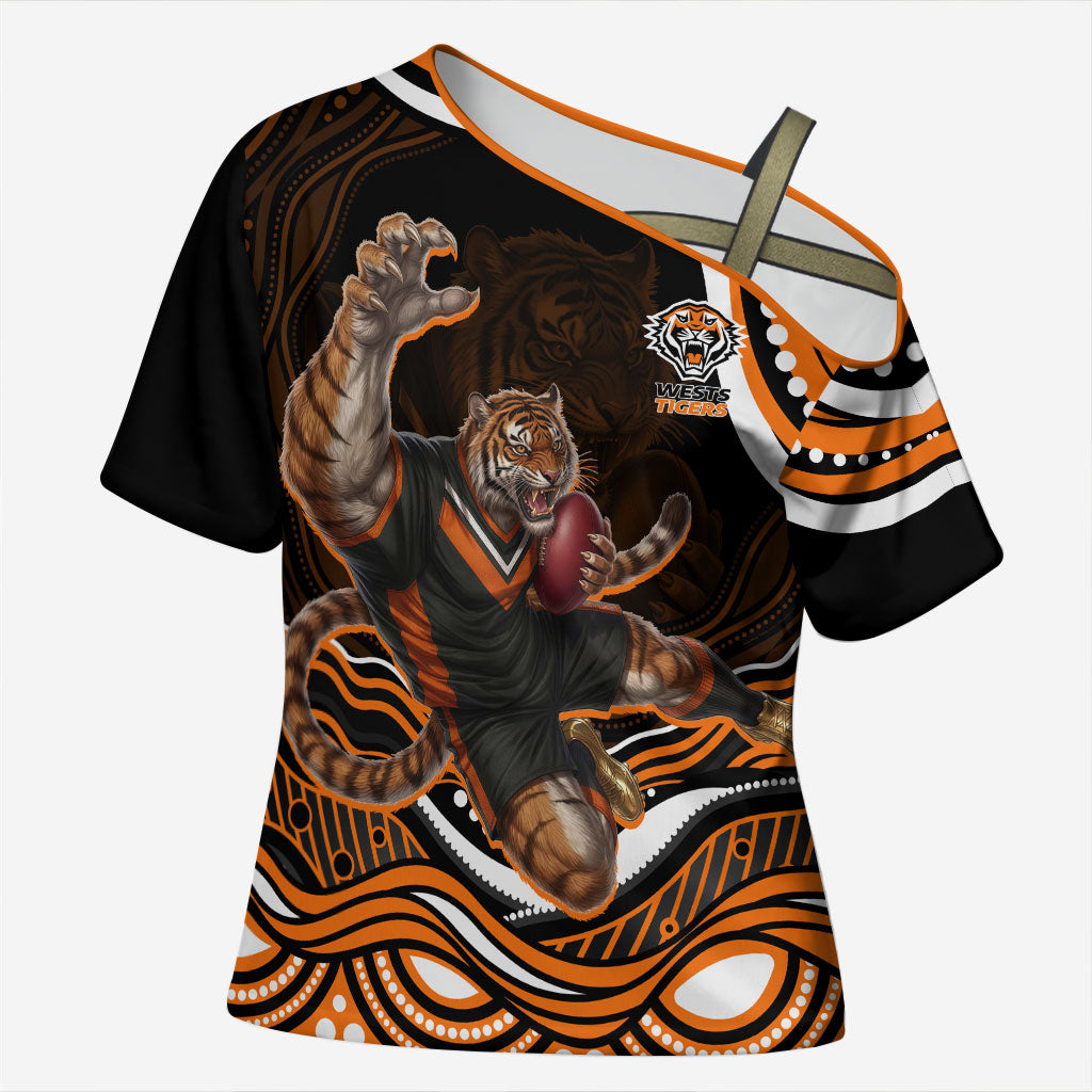 Personalized Wests Tigers Rugby Cross Shoulder Shirt Aboriginal Dot Art - Dreamtime Rugby Mascot