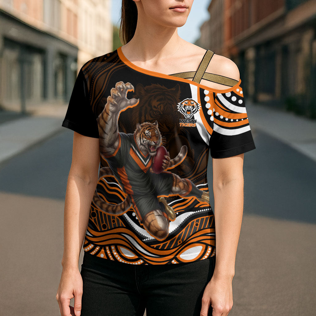 Personalized Wests Tigers Rugby Cross Shoulder Shirt Aboriginal Dot Art - Dreamtime Rugby Mascot