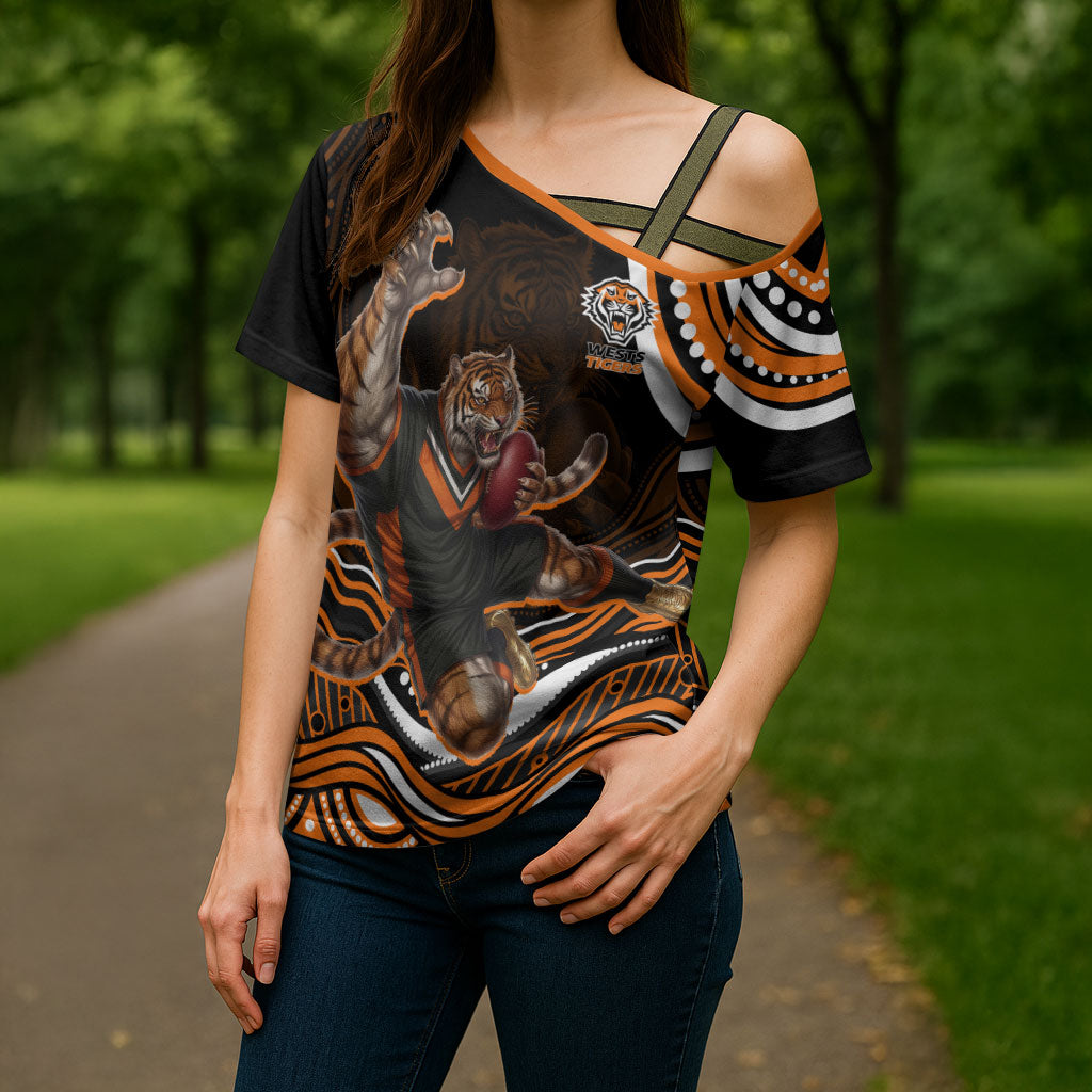Personalized Wests Tigers Rugby Cross Shoulder Shirt Aboriginal Dot Art - Dreamtime Rugby Mascot