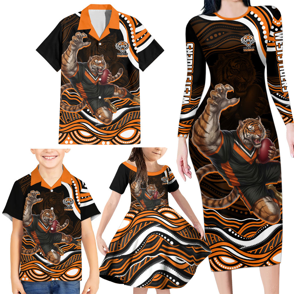 Personalized Wests Tigers Rugby Family Matching Long Sleeve Bodycon Dress and Hawaiian Shirt Aboriginal Dot Art - Dreamtime Rugby Mascot