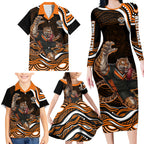 Personalized Wests Tigers Rugby Family Matching Long Sleeve Bodycon Dress and Hawaiian Shirt Aboriginal Dot Art - Dreamtime Rugby Mascot
