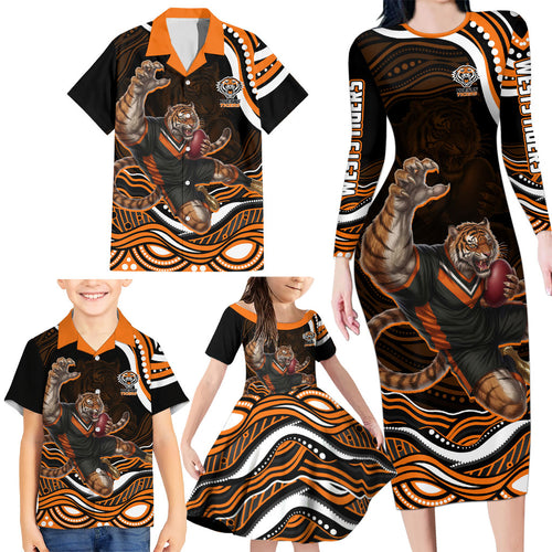 Personalized Wests Tigers Rugby Family Matching Long Sleeve Bodycon Dress and Hawaiian Shirt Aboriginal Dot Art - Dreamtime Rugby Mascot