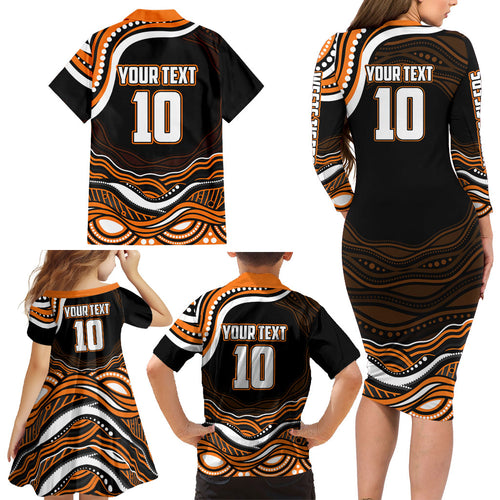 Personalized Wests Tigers Rugby Family Matching Long Sleeve Bodycon Dress and Hawaiian Shirt Aboriginal Dot Art - Dreamtime Rugby Mascot