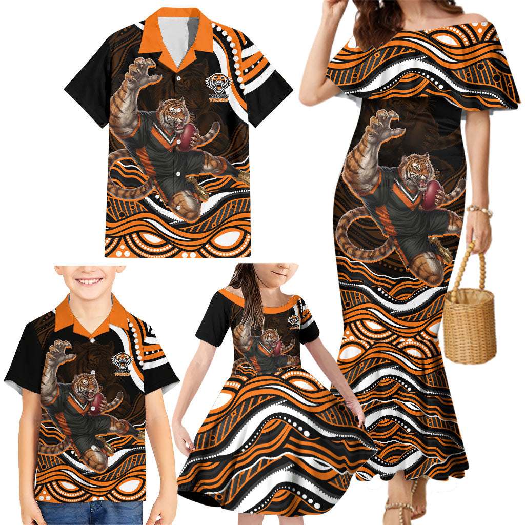 Personalized Wests Tigers Rugby Family Matching Mermaid Dress and Hawaiian Shirt Aboriginal Dot Art - Dreamtime Rugby Mascot