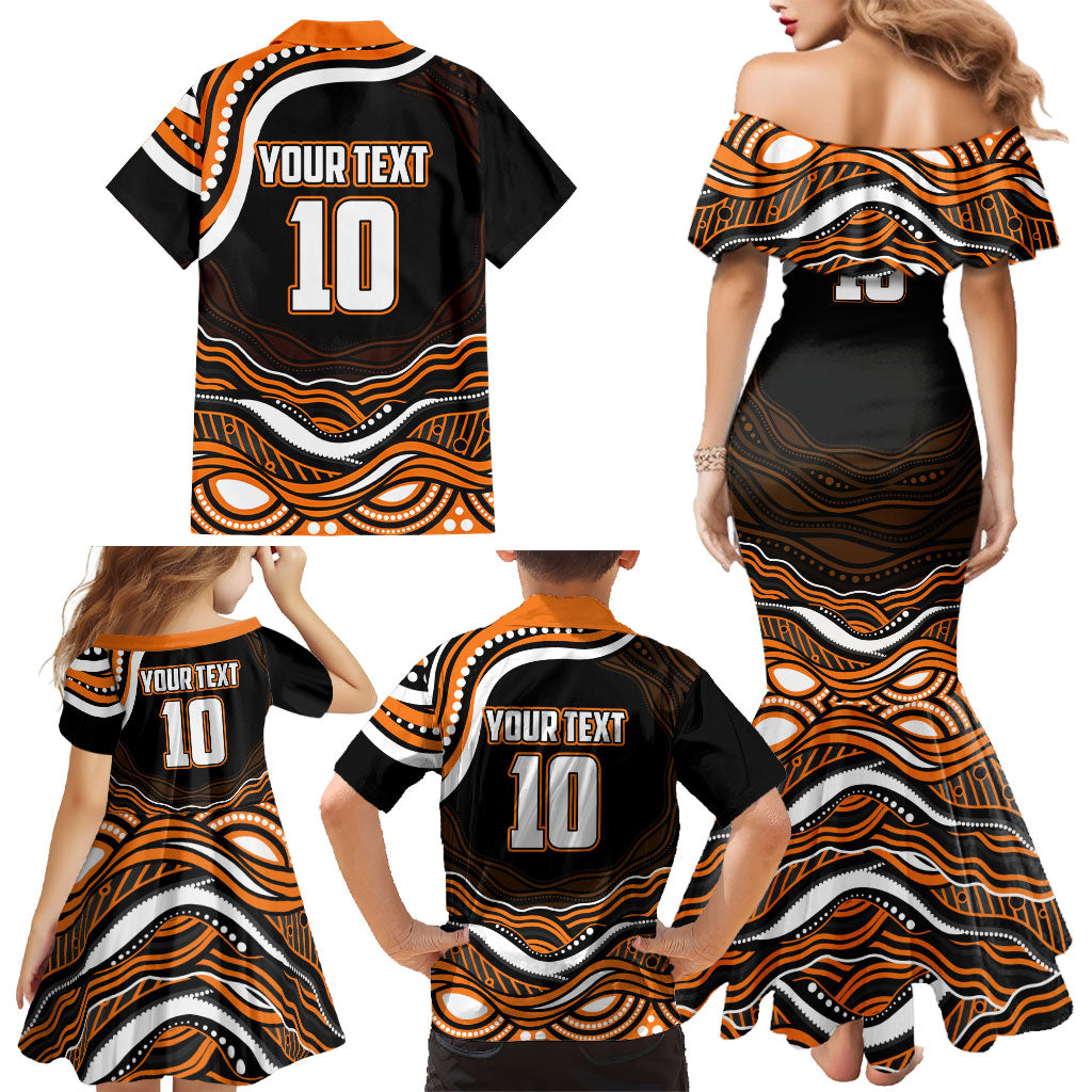 Personalized Wests Tigers Rugby Family Matching Mermaid Dress and Hawaiian Shirt Aboriginal Dot Art - Dreamtime Rugby Mascot